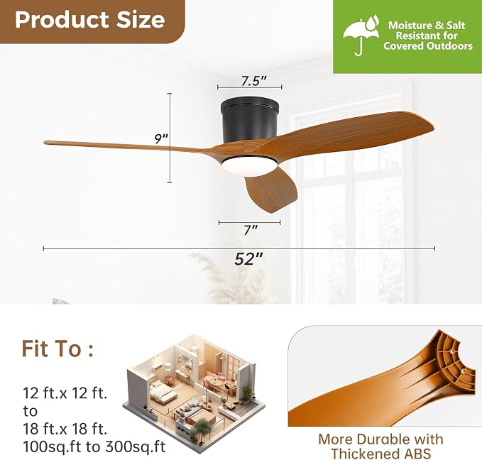 Sofucor 52 Inch Smart Ceiling Fan with Lights, Modern Low Profile Flush Mount Ceiling Fan with 6500CFM, Compatible with Alexa/Google/App, 3 Plastic Blade, Dimmable Timer Reversible DC Motor, ETL, ABS
