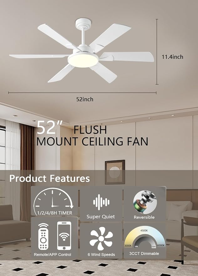 JSAITEE 52 Inch Low Profile Ceiling Fan with Lights, Remote & APP Control, 3CCT Dimmable, 6 Blades 6 Speed Ceiling Fans, Quiet Reversible DC Motor, Modern White Ceiling Fan for Bedroom Living Room