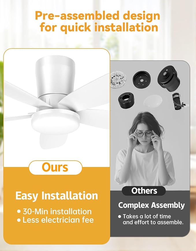 Ceiling Fans with Lights, Low Profile 42-Inch Modern White Small Ceiling Fan for Bedroom Indoor Outdoor - Dimmable Fans with Timer Remote Control Flush Mount Reversible 5 Blades 6 Speeds