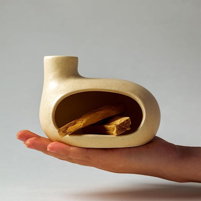 MOUGIGI Palo Santo Holder - Ceramic Incense Burner for Palo Santo Sticks, Cone, and Spiritual Sage - Modern Chiminea for Meditation - Handcrafted Smudge Bowl and Meditation Gift