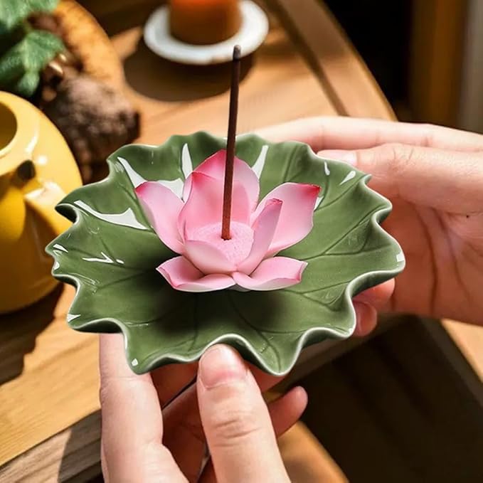 CREATCABIN Lotus Ceramic Incense Holder Incense Burner Stick Detachable Ash Catcher Lotus Leaf Burners Tray for Sticks Home Yoga Teahouse Zen Buddhist Altar Purify Spiritual Supplies Hot Pink 3.54in