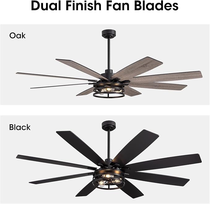 LuminFan 72 inch Large Ceiling Fans with Lights and Remote, Black Modern Ceiling Fan for Living Room, Patios, 6 Speed Reversible Quiet DC Motor, 8 Blades, Easy to Install