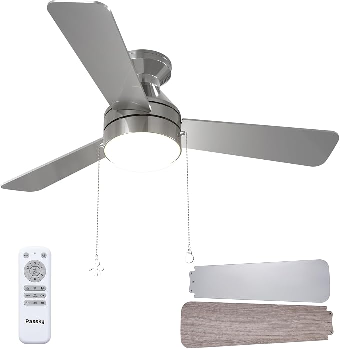Passky Ceiling Fans with Lights, 42 inch Low Profile Ceiling Fan with Pull Chain and Remote Control, Flush Mount, Reversible, 5CCT, Dimmable, Noiseless, Nickel Pull Cord Ceiling Fan for Bedroom
