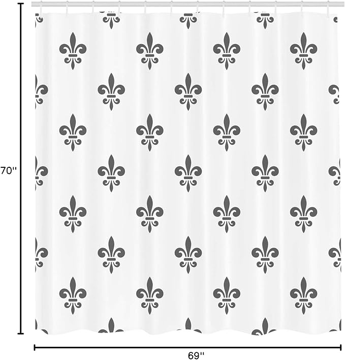 Ambesonne Fleur De Lis Shower Curtain, A Fleur-de-Lis Royal Lily in Simple Old Style and Ornated with Antiquity of Abstract Pattern, Cloth Fabric Bathroom Set with Hooks, 69" W x 70" L, Grey White