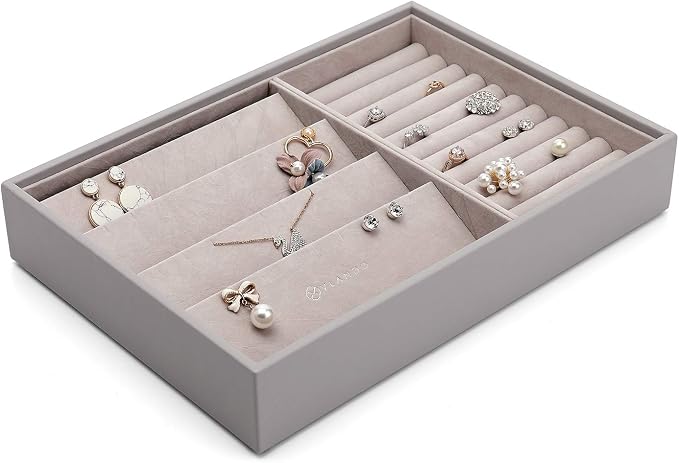 VLANDO Stackable 4-Layer Jewelry Tray - Multipurpose Jewelry Accessories Display Storage and Organizer for Earring Necklace Bracelet Ring, Grey