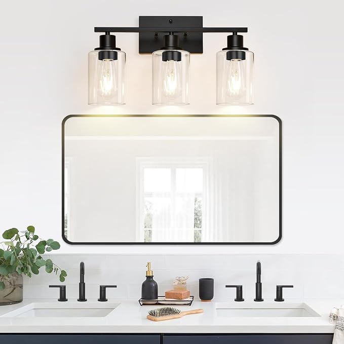 Indoi 3-Light Bathroom Light Fixtures, Matte Black Modern Vanity Lights with Clear Glass Shades, Bathroom Wall Lamp for Mirror Living Room Cabinet Bedroom Porch