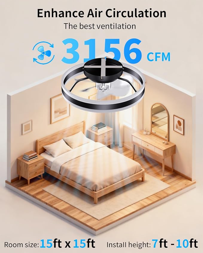 RGB Ceiling Fan with Lights, Low Profile Ceiling Fans with Lights and Remote, Flush Mount LED Fan Light, Modern Bladeless Fandelier for Bedroom Works with APP, 16IN Black