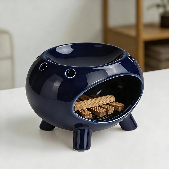 Ceramic Palo Santo Holder, Modern Chiminea Incense Burner with Vent Holes for Sage Burning, Wood Sticks, Cones, Tealights, Cedar and Zen Burner for Yoga, Meditation, Energy, Room Home Deco (Blue)