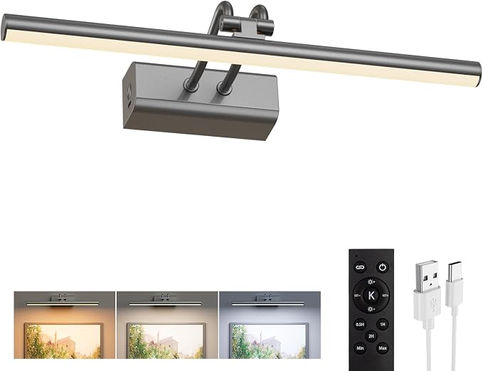 Battery Operated Picture Light for Wall, 4000mAh Cordless Wall Lamp for Painting Photo Artwork , Remote Control, Magnetic for Easy to Charge,Timers, 13.8'' Display for Gallery Living Room Bedroom Grey