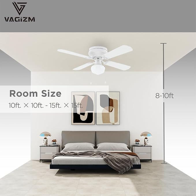 42" Flush Mount Ceiling Fan Matte White Traditional Ceiling Fan with Light & Pull Chain - Low Profile Design - Indoor or Cover Outdoor Use