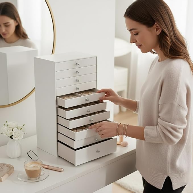 GUKA Large Jewelry Box, Jewelry Case with 10 Drawers for Big and Small Jewelry, Jewelry Storage Organizer for Watch Earrings Necklace Rings Bracelets, Birthday Wedding Gifts, White