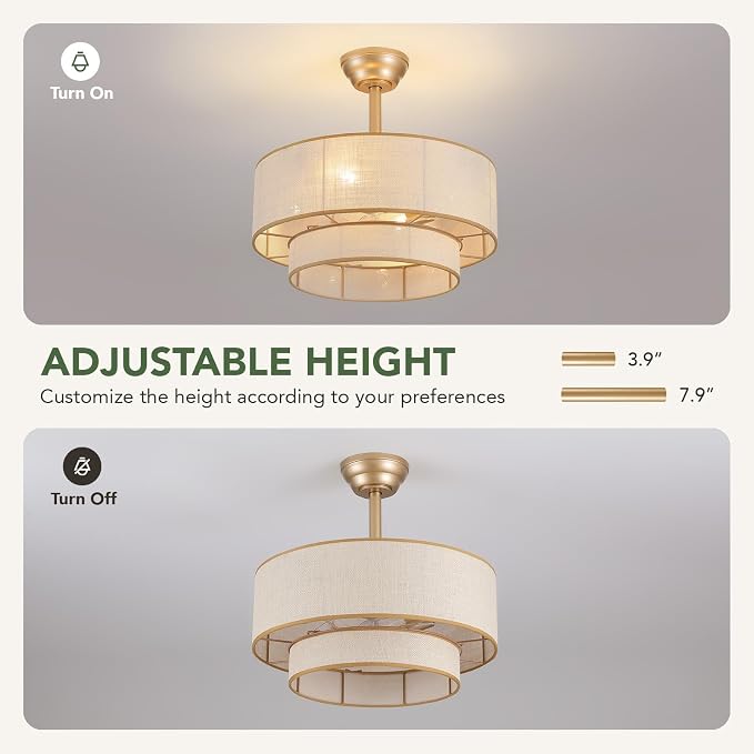 20" Boho Ceiling Fan Light and Remote, Fabric Chandelier Ceiling Fan Light, Caged Fandelier with Lights Flush Mount, 6 Wind Speeds Enclosed Ceiling Fan for Bedroom, Living Room, Dining Room