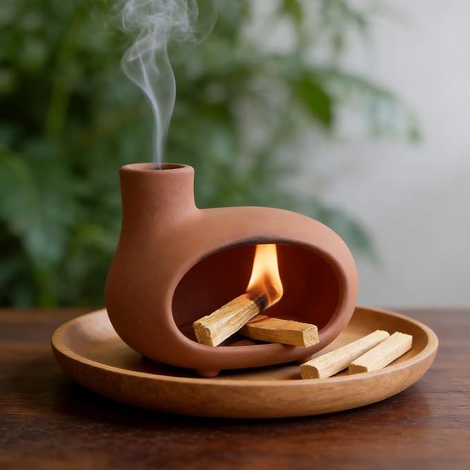 MOUGIGI Handmade Terracotta Orange-red Palo Santo Holder - Mini Chiminea Incense Burner Chimney for Palo Santo Sticks, Sage & Cones - Smudge Bowl for Energy Cleansing,Meditation & Aromatherapy Gifts