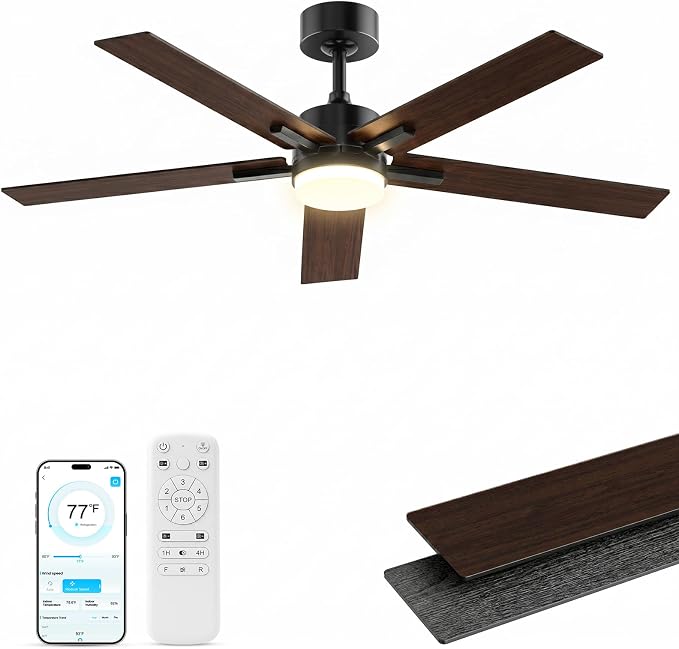 Obabala Ceiling Fan with Light 52 Inch, DC Motor Ceiling Fan with Remote and APP Control, Dimmable LED Color Changing, Reversible Quiet Fan for Bedroom Living Room Indoor Outdoor, Modern