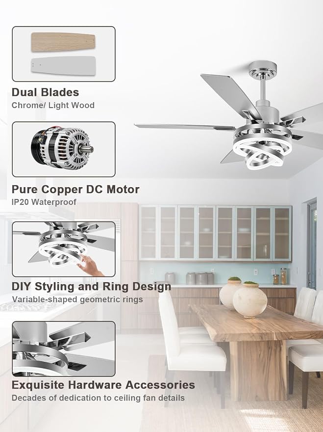 Bella Depot 52" Ceiling Fan with Light, Modern Sliver Chandelier Fan with Remote, Rustic Indoor Fandelier Fan with Silent DC Motor for Living Room Bedroom(Chrome)