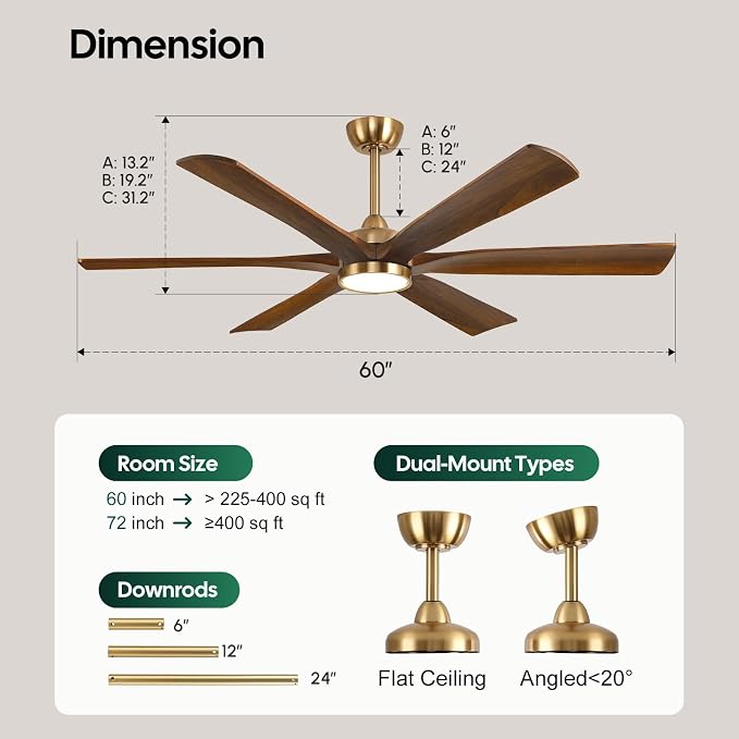 60 Inch Smart Outdoor Ceiling Fan with Lights, Gold Brass Walnut Finish, 6 Solid Wood Blades, Remote/Alexa/App Control, High CFM Quiet DC Motor, Modern Farmhouse Style for Indoor Large Room