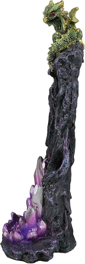 Ebros Gift Green Gaia Baby Dragon Guarding Faux Geode Quartz Crystal Quarry Rock Pillar Incense Burner Holder Figurine 10" High Fantasy Mythical Dungeons and Dragons Home Decorative Accent Statue