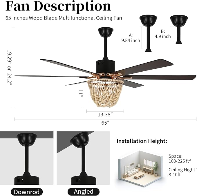 65 Inch Ceiling Fan with Lights and Remote, Wooden Bead Fandelier, 6 Speeds DC Motor Chandelier Fan, Vintage Farmhouse Ceiling Fan for Living, Dining Rooms, Bedroom, Patios, Shop, Ventilador de Techo