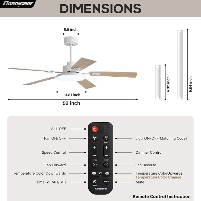 Conciseer 52 Inch Ceiling Fans with Lights and Remote for Bedroom Living Room Kitchen Office, Indoor/Outdoor Use, 6CCT Dimmable, 5 Blades, 6 Speed Reversible Quiet DC Motor, White/Wood Grain