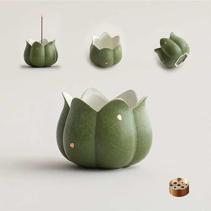 Hermit Life Incense Burner with 9 Holes Stick Holder, Lotus Bud or Tripod Ding Shape Design and Matte Ceramic Surface for Home Décor, Incense Stick Holder with Ash Catcher (Green Lotus Bud)