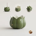 Hermit Life Incense Burner with 9 Holes Stick Holder, Lotus Bud or Tripod Ding Shape Design and Matte Ceramic Surface for Home Décor, Incense Stick Holder with Ash Catcher (Green Lotus Bud)
