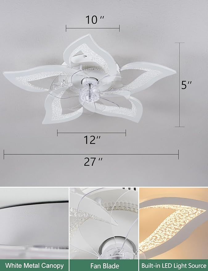 Flower Ceiling Fans with Lights and Remote, 24 Inch Modern Low Profile Flush Mount Ceiling Fan, Dimmable LED Ceiling Light Fixture, Small Ceiling Fans for Bedroom, Kitchen, Indoor-White