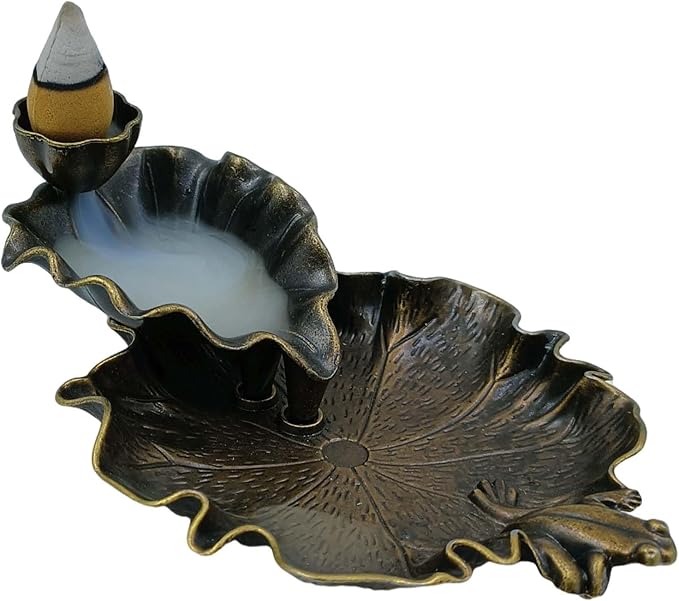 Backflow Incense Holder Bronze Waterfall Insense Burner with 30 Cones in Different Fragrances Lotus and Frog Design Copper Metal Zen Decor for Home Living Room Yoga Room