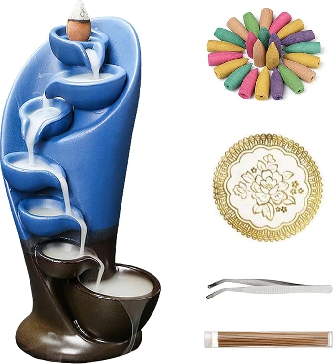 YYW Backflow Incense Burner Holder Handmade Statue Decor Fountain Waterfall Incense Holder with 20 Backflow Incense Cones 30 Incense Sticks 1 Tweezer 1 Mat for Indoor Meditation Yoga (Navy Blue)