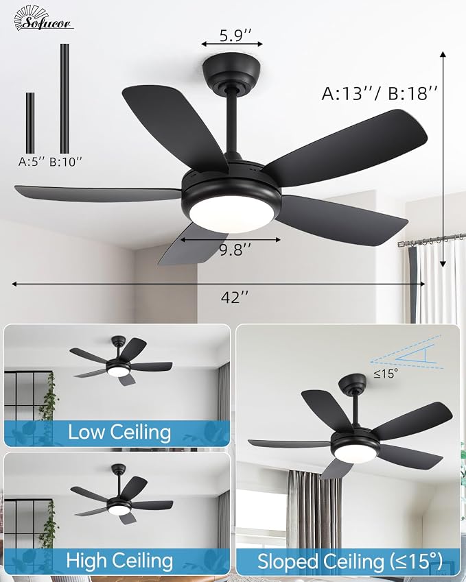 Sofucor 42 Inch Ceiling Fans with Lights-Modern Black Small Bedroom Ceiling Fan with Remote Control, Plug-in Blades Quick Install, Quiet DC Motor,Outdoor ABS Ceiling Fan for Kitchen/Living Room/Patios