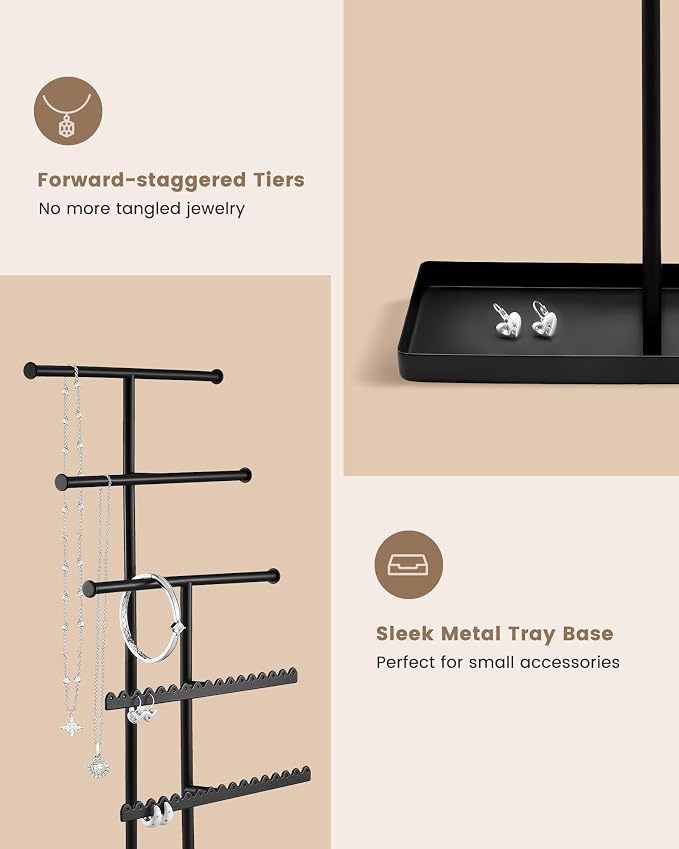 Lolalet 5-Tier Jewelry Organizer Stand, Metal Jewellery Holder, Dresser Display Rack for Necklace Earring Bracelets Rings, Gift for Women Girls -Black