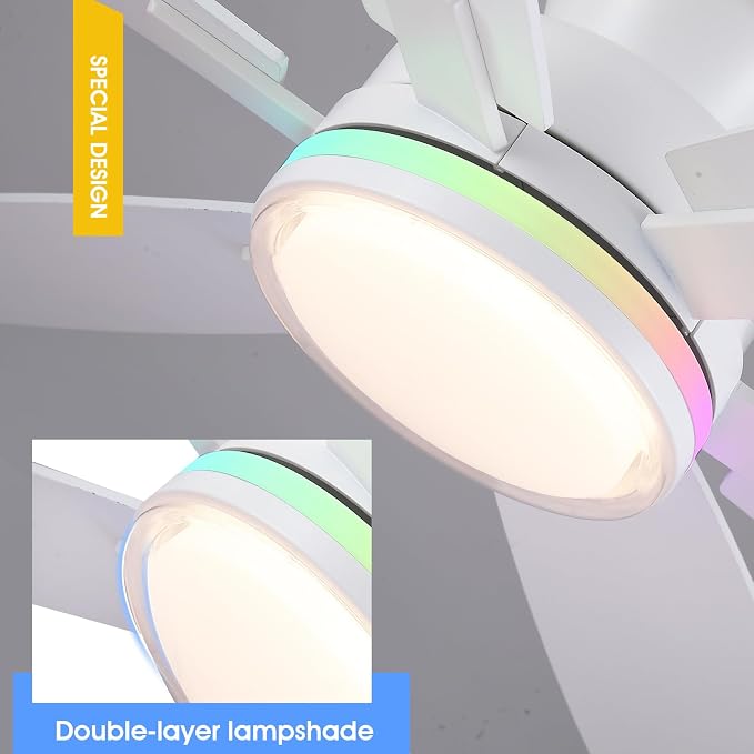 Kviflon 52 in Ceiling Fans with RGB Lights Remote/APP Control, Flush Mount Ceiling Fans, Double-Sided 6 Reversible Blades, RGB Ring Lights+3 CCT Dimmable Lights, Double Lampshade for Bedroom, White