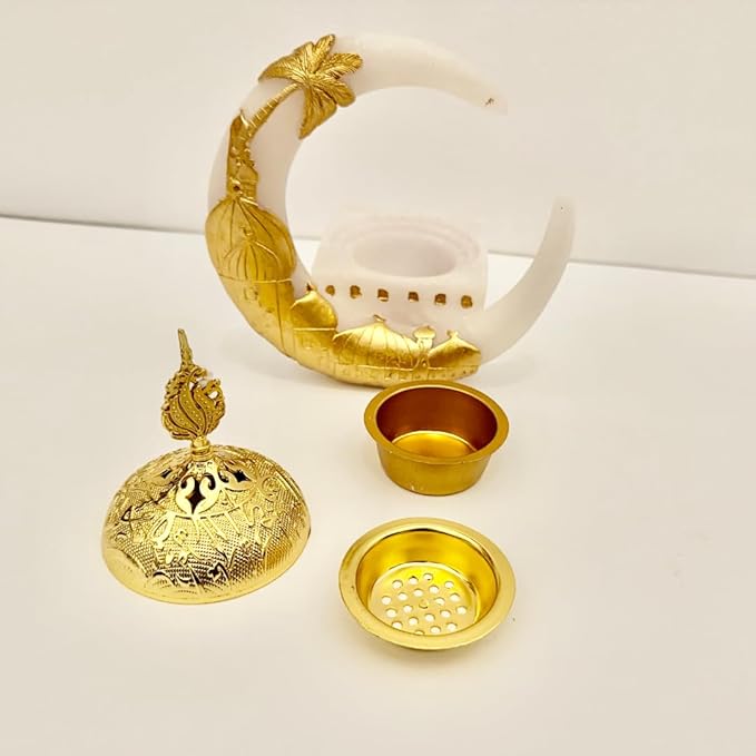 Premium Bakhoor Burner Gold/White – Elegant Decorative Incense Holder for Home & Ramadan Use (Hilal Gold)