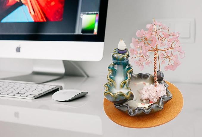 Dreamgirnh Backflow Incense Holder, Waterfall Incense Burner, Gemstone Money Tree Home Living Room Decorations Office Accessories for Women, Mothers Day Mom Gifts (Rose Quartz)