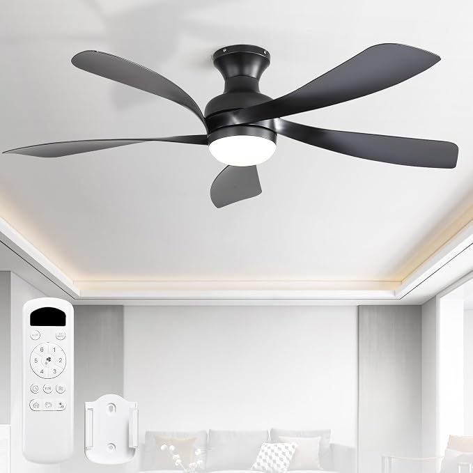 Sofucor 52 Inch Low Profile Ceiling Fan with Light, Flush Mount Outdoor Black Ceiling Fan with Remote for Bedroom Living Room Patio, Dimmable LED High Airflow Quiet Reversible DC Motor