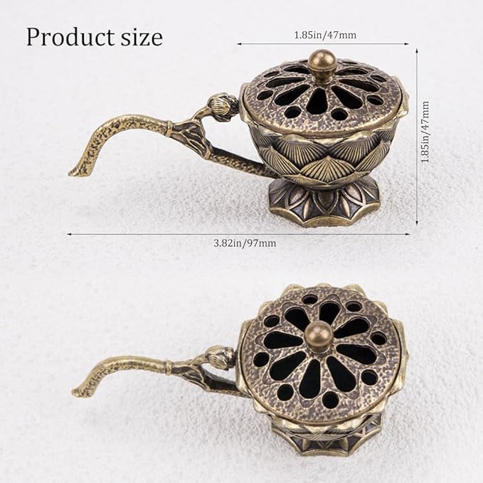 1Pcs Mini Zinc Alloy Lotus Flower Incense Holder with Lid Retro Hollow Out Ash Catcher with Handle for Cones for Yoga Spa Aromatherapy Enthusiasts