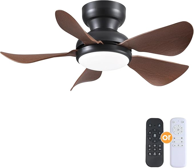Kviflon 32 Inch Modern Ceiling Fans with Lights, Small Flush Mount Ceiling Fan with Light, Remote Control, 5 Reversible Curved Blades, 6 Speeds, 3 CCT Dimmable LED Lights for Kids Room Bedroom, Brown