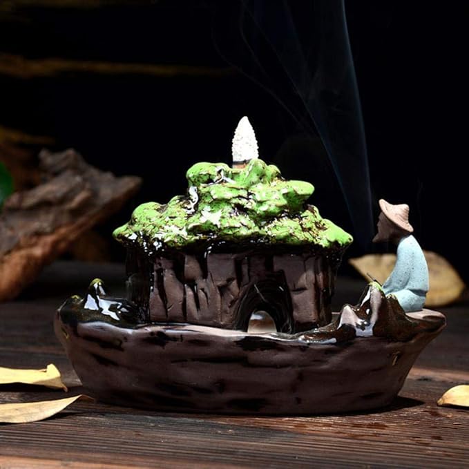 Guilin Scenery Incense Burner, Ceramic Backflow Incense Holder with 10PCS Incense Cones for Home Decor Yoga