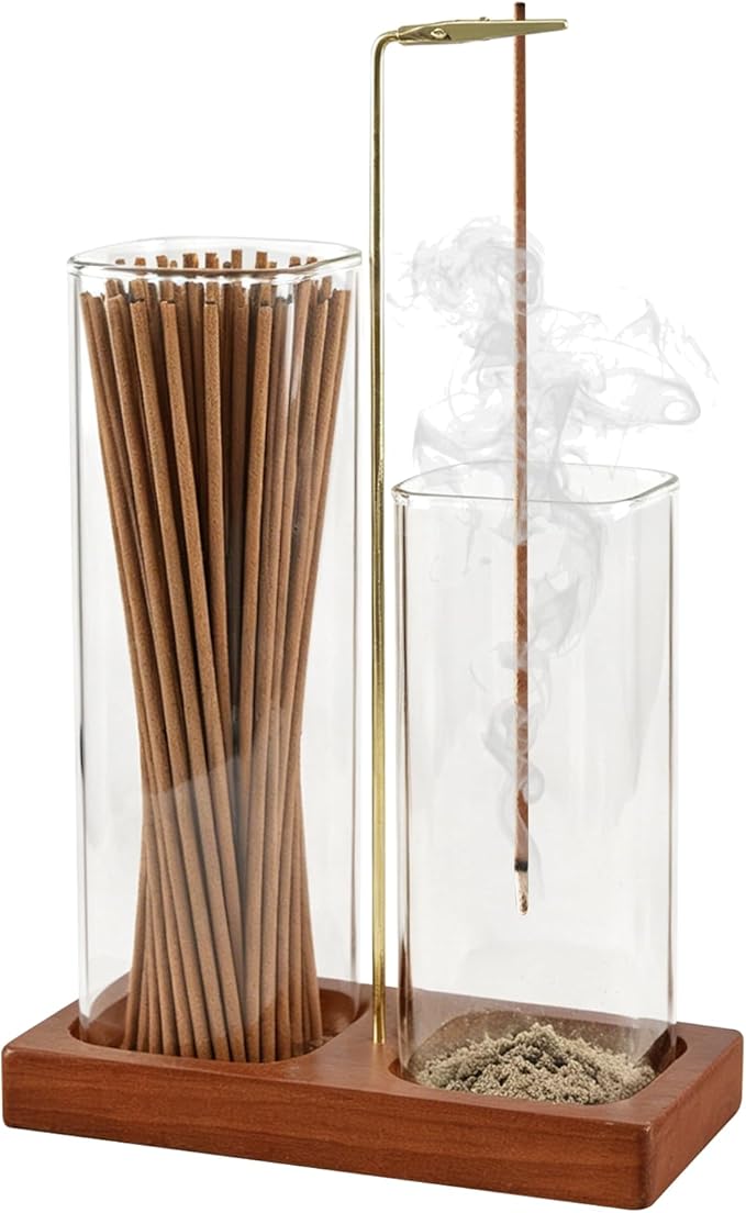 2 in 1 Incense Holder, Wooden Incense Holder for Sticks with Glass Ash Catcher & Storage, Anti-Ash Flying Incense Burner for Meditation, Yoga, Spa Home Boho Decor (Brown)