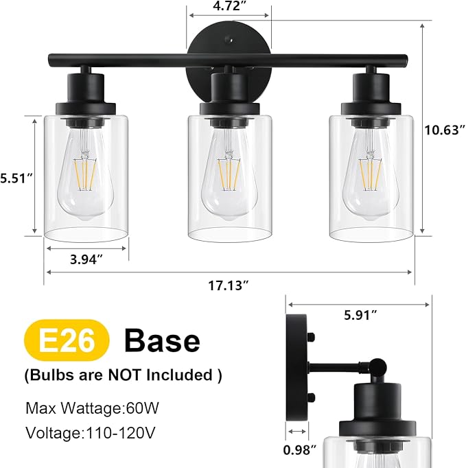 Unicozin 2 Pack Modern Bathroom Light Fixtures, 3 Light Vanity Lights, Black Wall Lamp with Clear Glass for Bathroom, Mirror, Living Room, Bedroom, Hallway, E26 Base