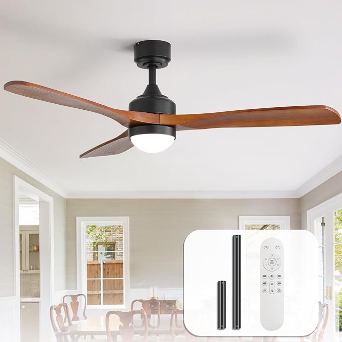 Sofucor 52" Solid Wood Ceiling Fan Lights, Flush Mount & Downrod Mount Ceiling Fan with Lights and Remote, Wood Blades Modern Outdoor Ceiling Fans for Bedroom/Farmhouse/Patio/Indoor