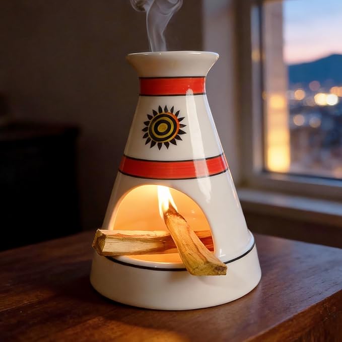 MOUGIGI Handcrafted Sun Totem Ceramic palo santo sticks holder with - Tent-Shape Mini chiminea for Sage, Incense Cones & Smudging Rituals -Thoughtful Gifts for Yoga, Meditation, Ash, Zen, Aromatherapy