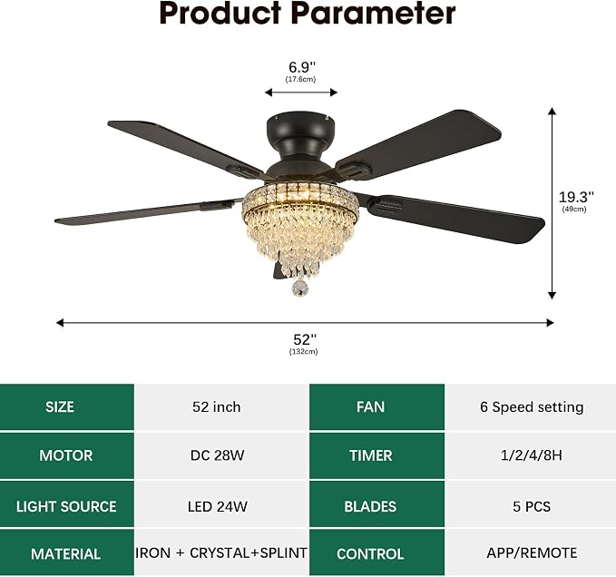 52“ Crystal Ceiling Fans with RGB Lights, Remote/App Control, Modern Fandelier Flush Mount, Reversible DC Motor, Dimmable, Noiseless Ceiling Fan for Bedroom, Living Room (Black)