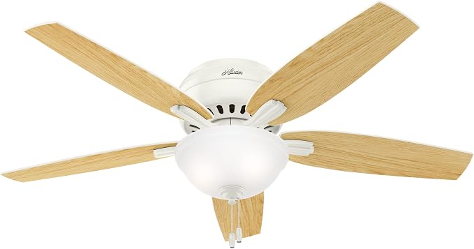 Hunter 52 inch Indoor Ceiling Fan with LED Light - White Ceiling Fan with Pull Chain, For Bedroom or Living Room, Low Profile Flush Mount, No Remote, 5 Blades - Newsome 53313, Fresh White