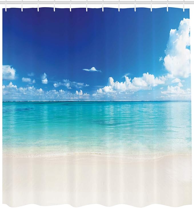 Ambesonne Ocean Shower Curtain, Natural Coastal Scenery Sandy Beach and Carribean Seashore Heavenly Paradise View Summer Holiday, Cloth Fabric Bathroom Decor Set with Hooks, 69" W x 84" L, White Blue