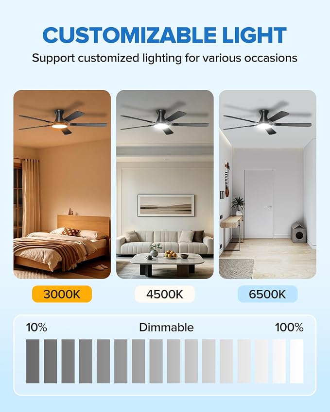 UME 60" Ceiling Fan with Lights & Remote, 6 Blades Low Profile Ceiling Fan, Quiet DC Motor, Natural Wind, 6 Speeds, 3CCT Dimmable 20W LED Modern Ceiling Fan for Bedroom, Living Room, Black