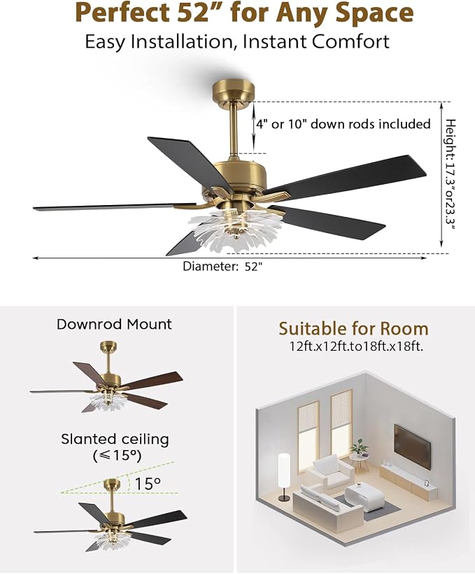 52 Inch Gold Ceiling Fans with Lights and Remote, Modern PS Petal Crystal Black and Gold Ceiling Fan for Bedroom Living Room Apartment 3CCT Dimmable Indoor Room Chandelier, 6 Speeds DC Motor