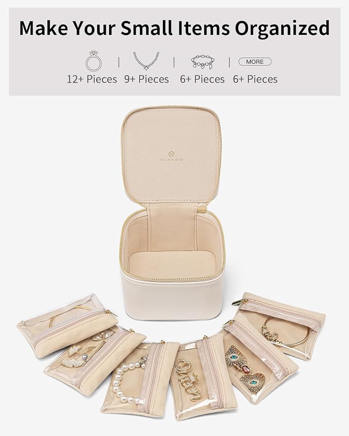 VLANDO Travel Jewelry Organizer Case with 6 Clear Velvet Zipper Pouches, Faux Leather Jewelry Storage Box for Rings, Earrings, Necklaces and Bracelets, Gift for Women