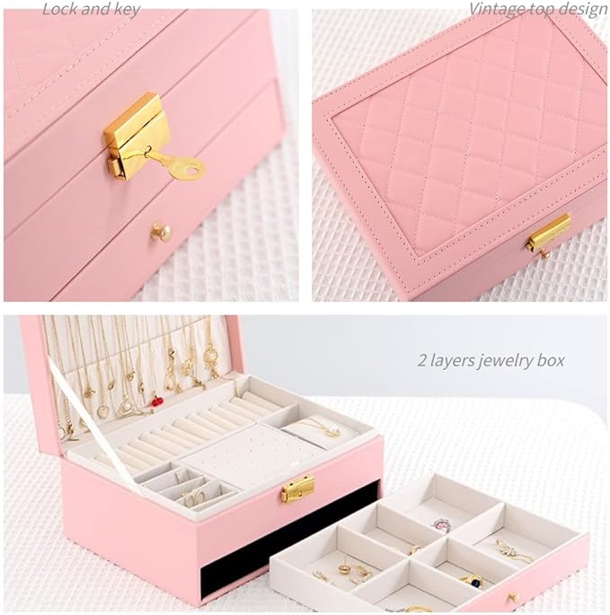 GUOER Jewelry Organizer Box for Women - Large PU Leather Jewelry Organizer Storage Case with Two Layers Display for Earrings Bracelets Rings Watches (Pink) | Vintage Quilting Stitching PU Leather, Earrings Bracelets Rings Necklace Watches Storage Large...