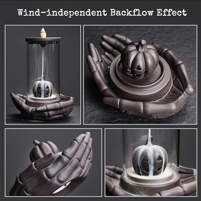 Pumpkin Incense Burner Holder - Backflow Waterfall Cone Incense Holder, LED Ceramic Unique Claw Incense Burner with 15 Incense Cones for Halloween/Aromatherapy/Yoga/Home/Room/Office Deco