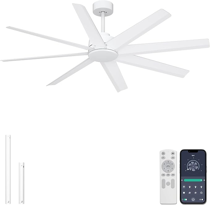 Ohniyou 60" Modern Ceiling Fan With No Light for Patio, Porch, Deck | Remote/App Control, Quiet DC Motor, Covered Outdoor Fan with 8 ABS Blades, , white